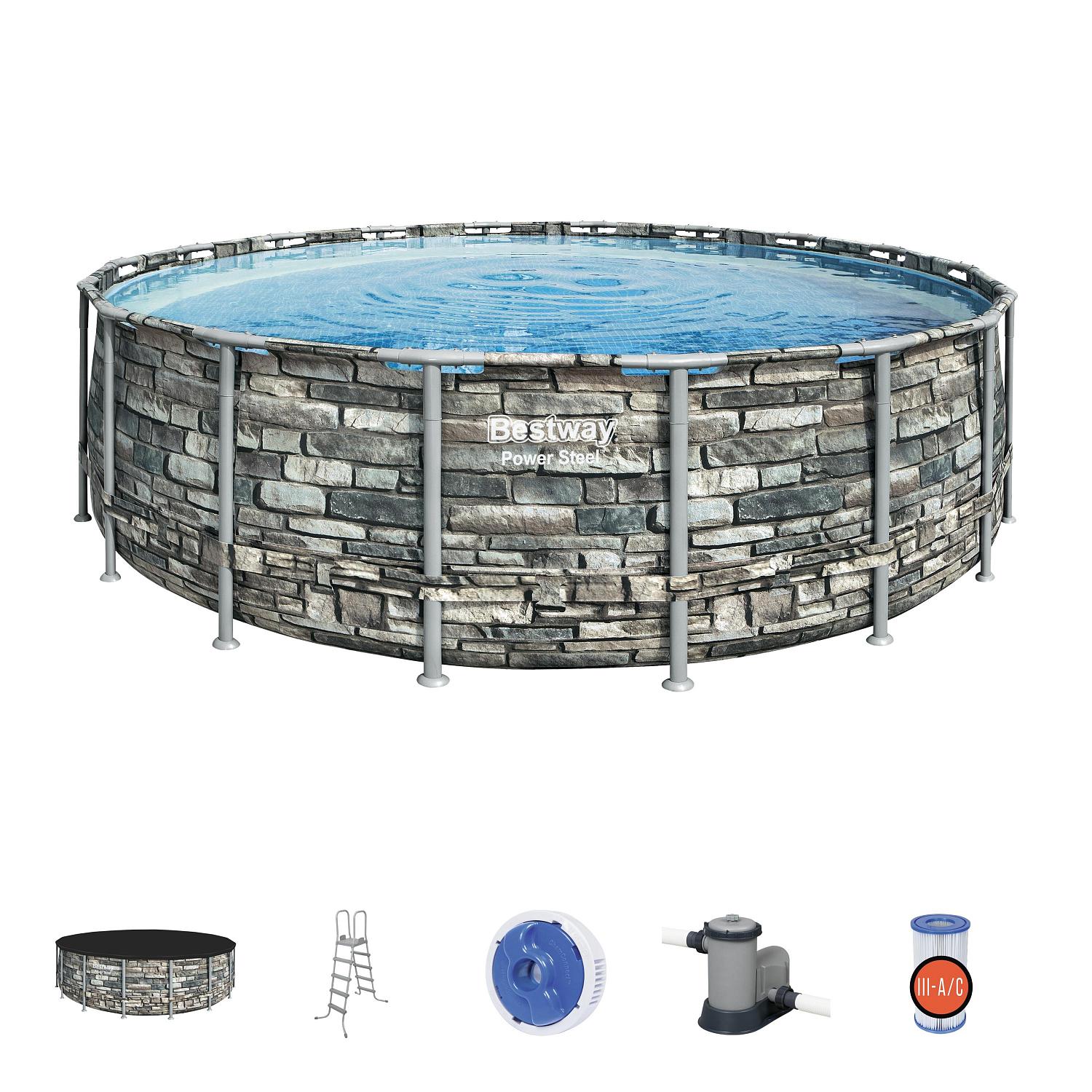 Каркасный бассейн Bestway 56886 BW, Power Steel 549x132см "Камень" 26000л, фильтр-насос, лестница, тент, попл.-доз. фото 2